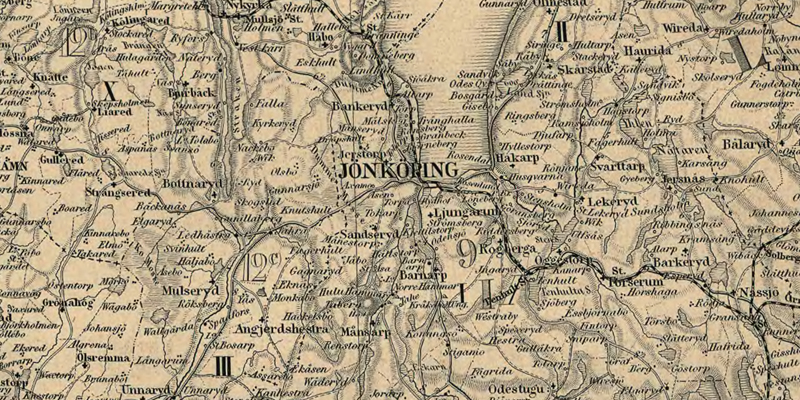 Jönköping. Detalj ur Karta öfver Medlersta och Södra Sverige 1870 (Generalkartor över Sverige). Krigsarkivet.