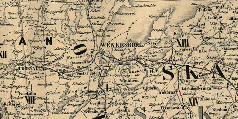 Vänersborg. Detalj ur Karta öfver Medlersta och Södra Sverige 1870 (Generalkartor över Sverige). Krigsarkivet.